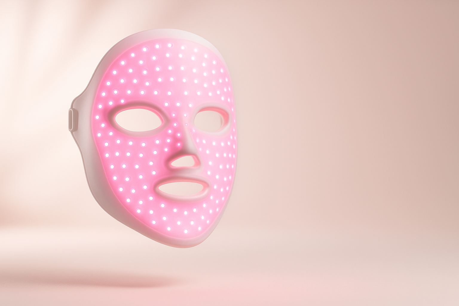 Mascarilla facial LED NovaHonor flotando en un set de estudio rosa