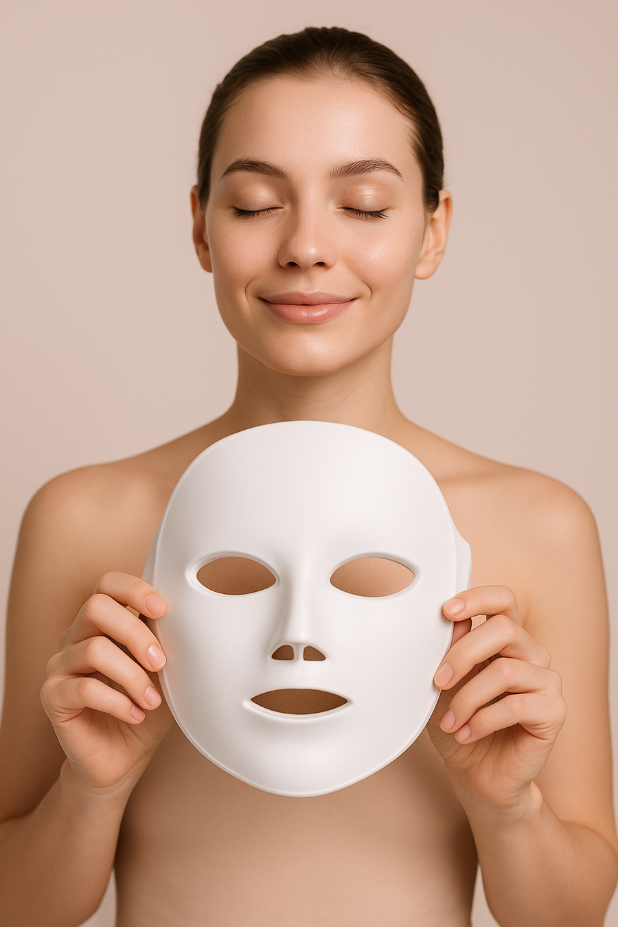 Mujer sosteniendo la mascarilla LED NovaHonor antes de colocarsela